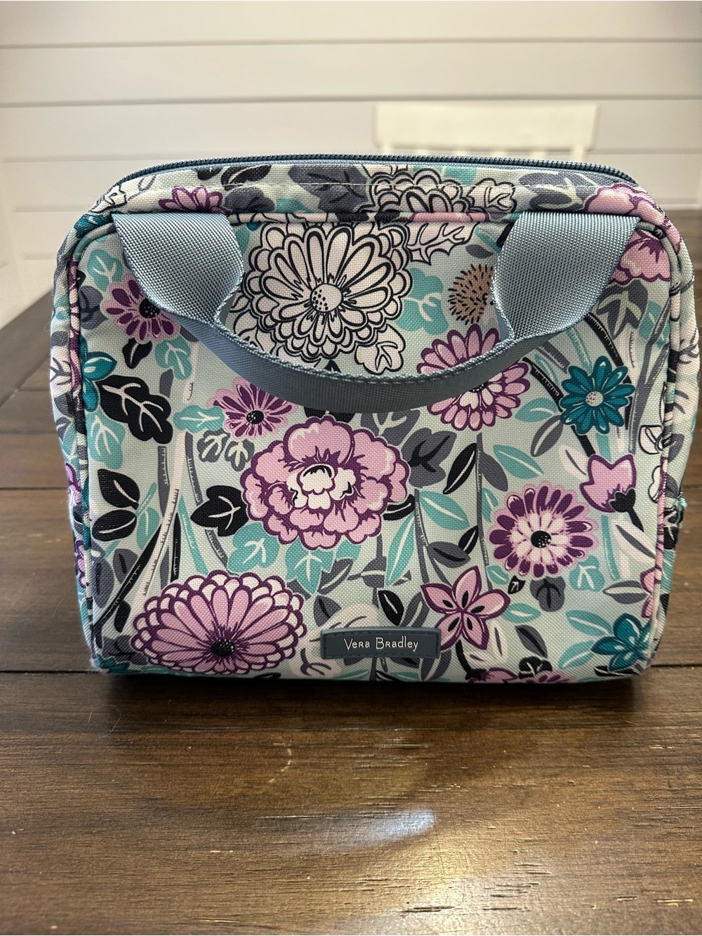 Vera Bradley Floral Lunch Tote in Light Blue and Purple with Hedgehogs